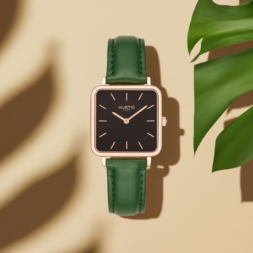 Neliö Square Vegan Leather Rose Gold/Black/Green Watch Hurtig Lane Vegan Watches