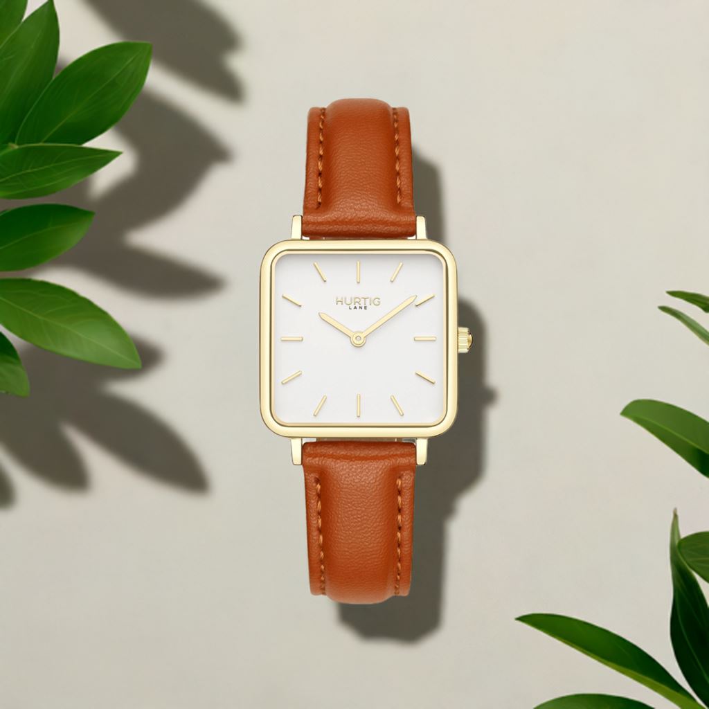 Neliö Square Vegan Leather Gold/White/Tan Watch Hurtig Lane Vegan Watches