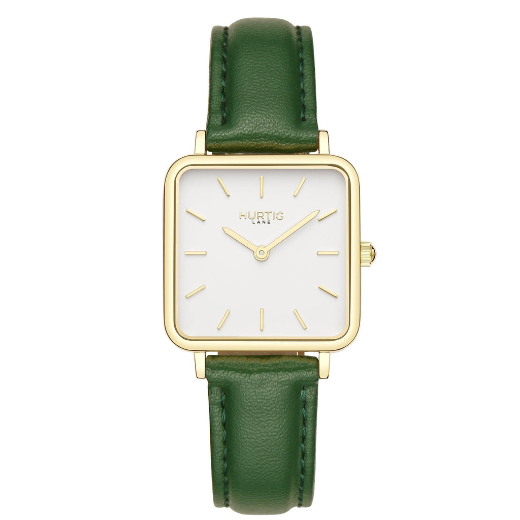 Neliö Square Vegan Leather Gold/White/Green Watch Hurtig Lane Vegan Watches