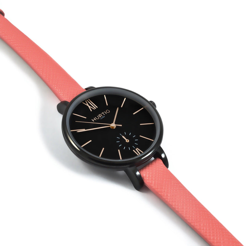 Amalfi Petite Vegan Leather Black/Black/Coral Watch Hurtig Lane Vegan Watches