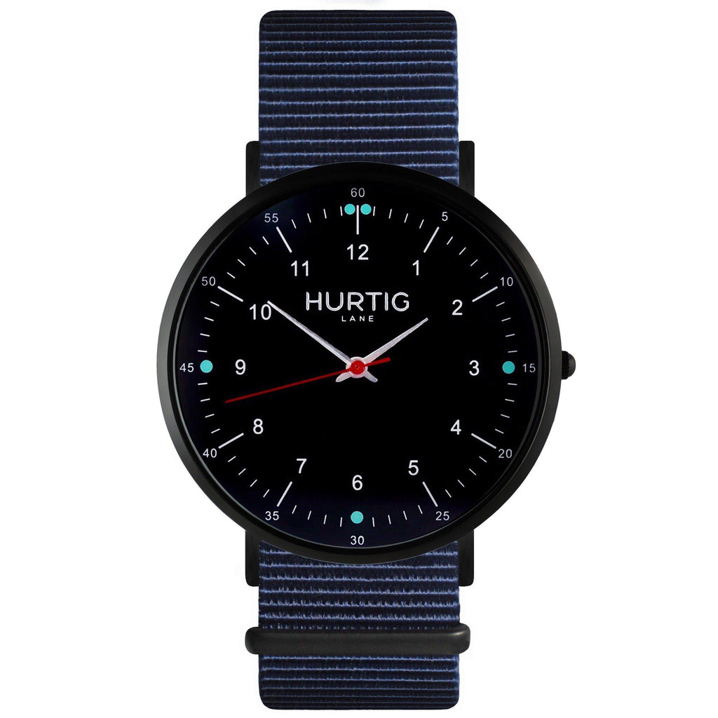 Moderna Vegan Nylon Watch Black/Black/Ocean Blue - hurtig-lane-vegan-watches