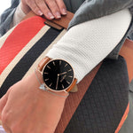 Mykonos Vegan Leather Watch Rose Gold, Black & Tan Watch Hurtig Lane Vegan Watches