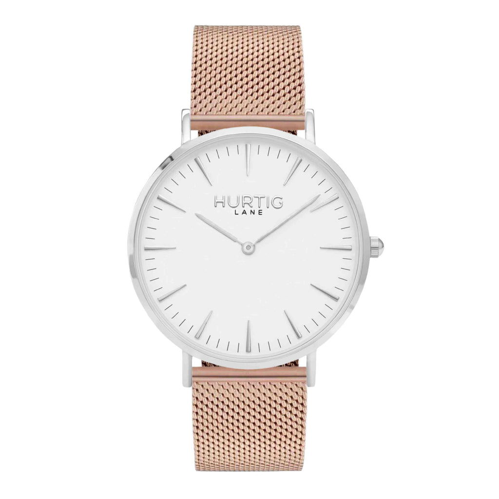 Lorelai Stainless Steel Watch Silver, White & Rose Gold - Hurtig Lane - sustainable- vegan-ethical- cruelty free