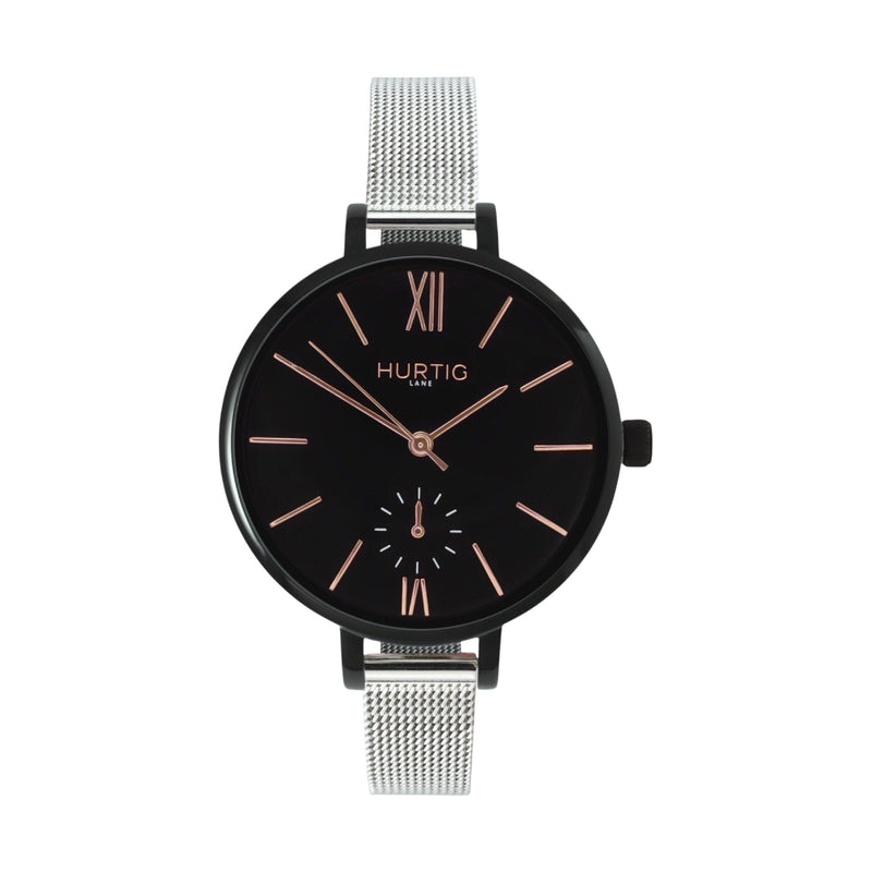 stainless steel mesh black and silver watch 