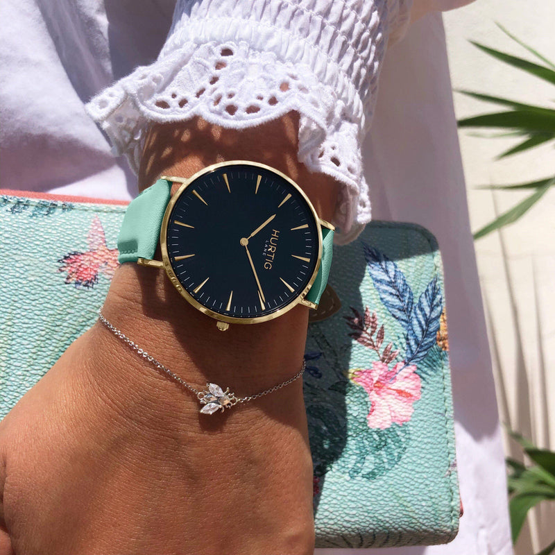 women's vegan watch gold and mint green with silver bee bracelet