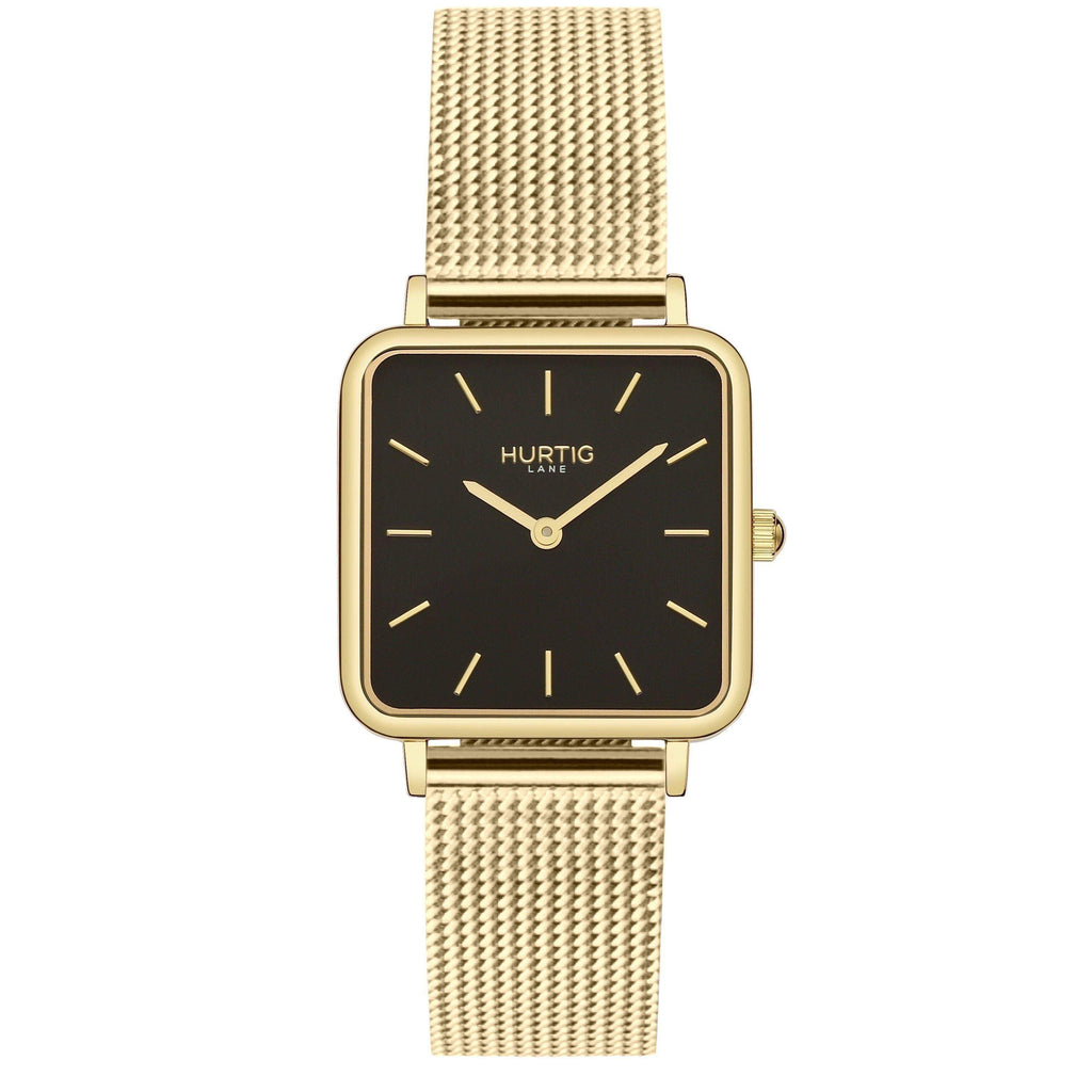 Neliö Square Stainless Steel Watch Gold, Black & Gold Watch Hurtig Lane Vegan Watches