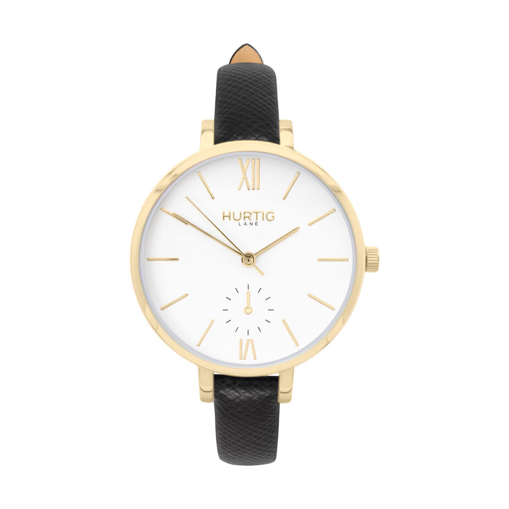 Amalfi Petite Vegan Leather Watch Gold, White & Black Watch Hurtig Lane Vegan Watches