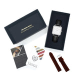 Vegan Friendly Gift watch set silver/white/black and chestnut strap